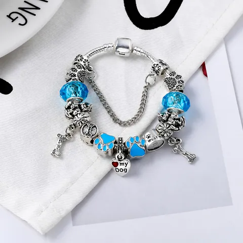 Dames Hemelsblauw Kralen Charm Armband Legering Verzilverd Huisdier Hond Thema Hart Poot Bot Hanger DIY Sieraden Cadeau