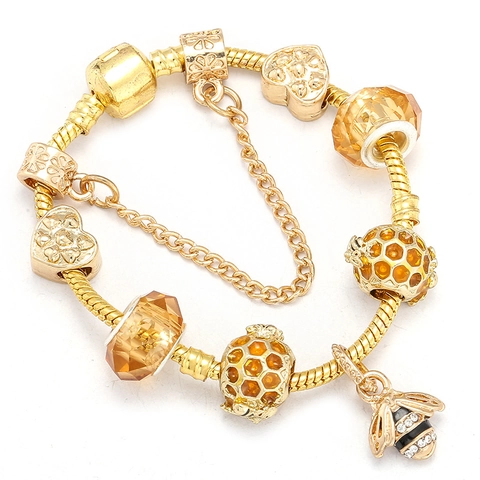 Bee Honeycomb Heart DIY Charm Bracelet Silver Snake Chain Enamel Rhinestone Crystal Beads Fashion Jewelry Women