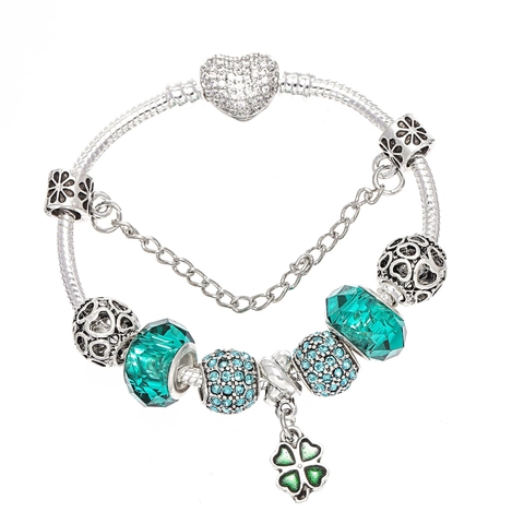 Silver Plated Green Bead Charm Bracelet With Heart Rhinestone Clasp Lucky Clover Pendant Fashion Jewelry Gift For Women