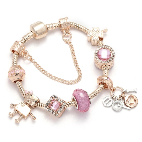 DIY Roségold Beschichtetes Silber Legierung Charm Armband Für Damen Mit Roboter Herz Vierblättriges Kleeblatt Anhänger