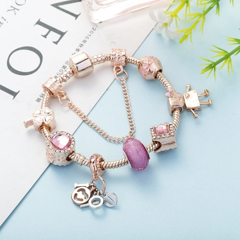 DIY Roségold Beschichtetes Silber Legierung Charm Armband Für Damen Mit Roboter Herz Vierblättriges Kleeblatt Anhänger