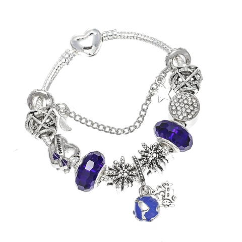 Vintage Silver Plated Charm Bracelet For Women With Blue Glass Beads Heart Flower Bridesmaid Pendant Elegant Jewelry Gift