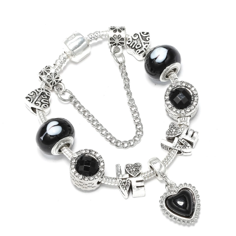 Bracciale Charms in Argento Sterling 925 per Donna Ciondolo Cuore Lettera LOVE Catena a Serpente DIY Perline Strass Gioielli
