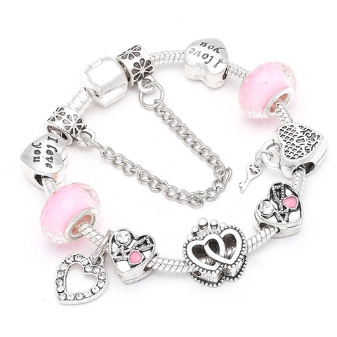 Dames Hart Charm Armband Legering 925 Sterling Zilver Roze Glas Kralen Strass Kroon Hanger Sieraden Voor Valentijnsdag Cadeau