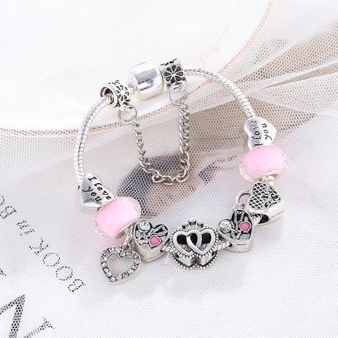 Dames Hart Charm Armband Legering 925 Sterling Zilver Roze Glas Kralen Strass Kroon Hanger Sieraden Voor Valentijnsdag Cadeau