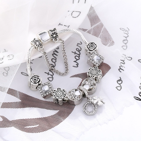 Silver Plated Copper Charm Bracelet Clover Rose Heart Horseshoe Pendants Zirconia Enamel DIY Snake Chain Jewelry For Women