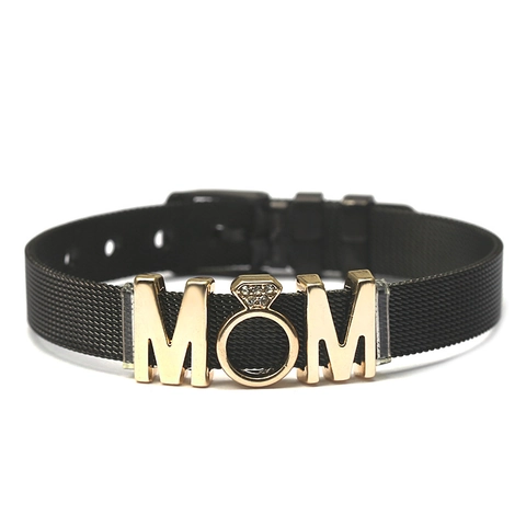 Stainless Steel Mesh Belt Bracelet With Rhinestone Inlaid MOM Letter Ring Charm Adjustable Mesh Chain Jewelry For Mother Day