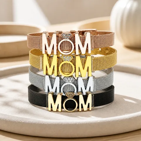 Stainless Steel Mesh Belt Bracelet With Rhinestone Inlaid MOM Letter Ring Charm Adjustable Mesh Chain Jewelry For Mother Day