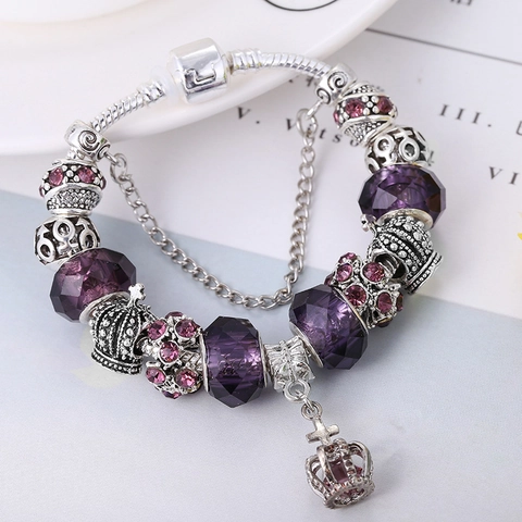 Vintage Alloy Charm Bracelet With Crown Pendant Faceted Glass Beads Rhinestones Snake Chain Safety Chain For Women Jewelry