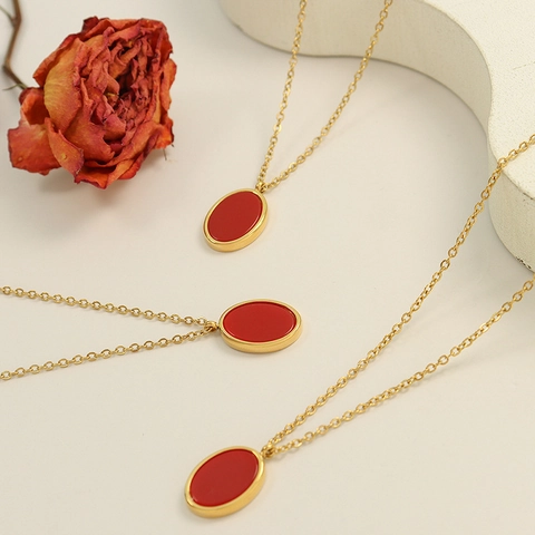 Retro Chinese Style Red Acrylic Oval Pendant Necklace Titanium Stainless Steel Cable Chain For Women Good Luck Jewelry Gift