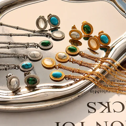 French Retro Titanium Steel Pendant Necklace Stud Earrings Set Oval Artificial Turquoise Cat Eye Stone Hip Hop Jewelry