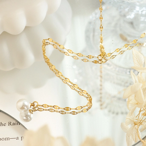 Elegante Titaniumstaal Y-Vormige Halsketting Met Imitatieparel Hanger 18K Verguld Vissenbek Ketting Sieraden Voor Dames