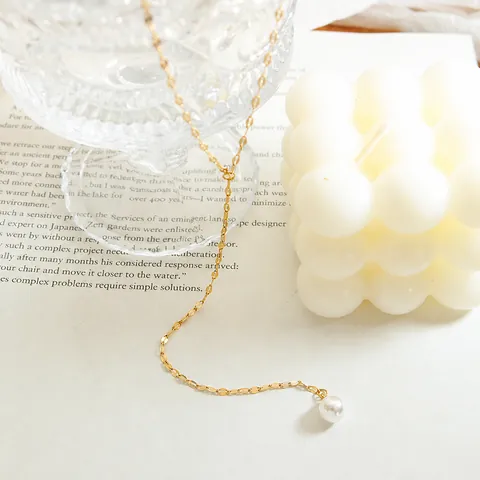 Elegante Titaniumstaal Y-Vormige Halsketting Met Imitatieparel Hanger 18K Verguld Vissenbek Ketting Sieraden Voor Dames