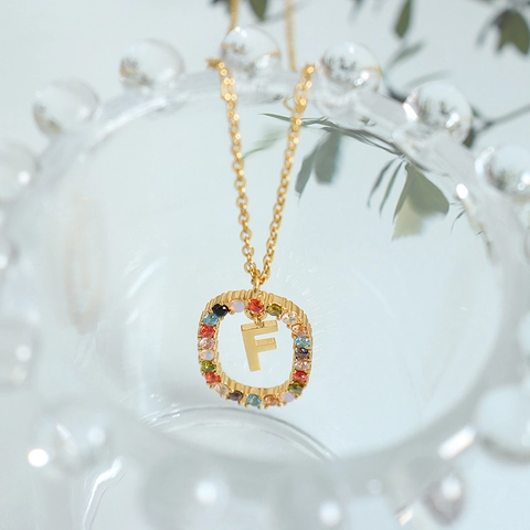Women's Titanium Steel Colorful Zirconia Initial Alphabet Pendant Necklace Elegant Gold Plated Letter Jewelry Gift