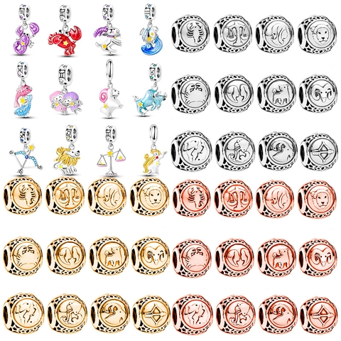 Alloy Zodiac Sign DIY Charms Beads For Jewelry Making Rhinestone Enamel Star Hollow Retro Constellation Pendant Accessories