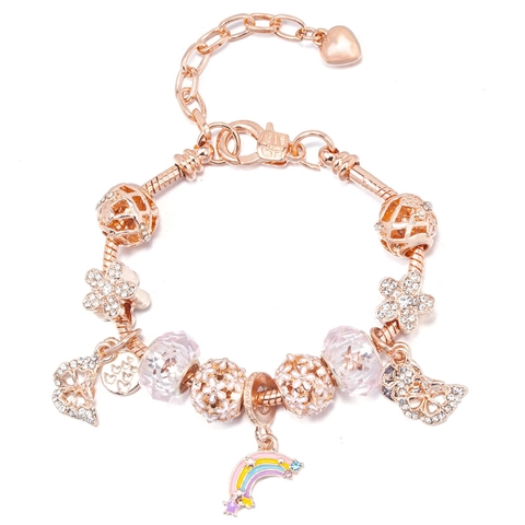 Women Rose Gold Zinc Alloy Charm Bracelet Rhinestone Crown Flower Heart Butterfly Pendant Adjustable Snake Chain Jewelry