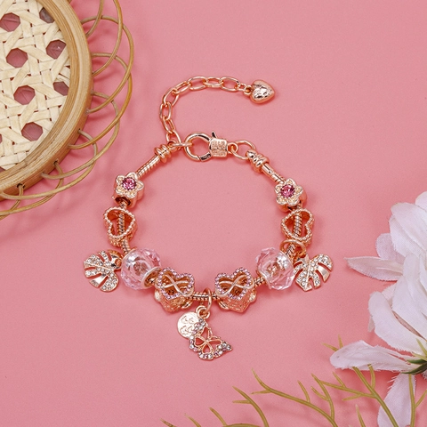 Women Rose Gold Zinc Alloy Charm Bracelet Rhinestone Crown Flower Heart Butterfly Pendant Adjustable Snake Chain Jewelry