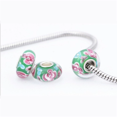 European Style Large Hole Glass Beads Flower Pattern Lampwork Charms For DIY Bracelet Jewelry Making Accessories For Women