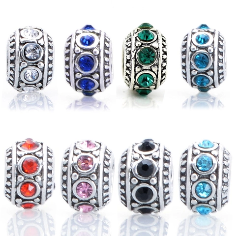 Cuentas de Agujero Grande de Aleación Vintage con Diamantes de Imitación para Pulsera DIY Estilo Pandora Plateadas Dijes