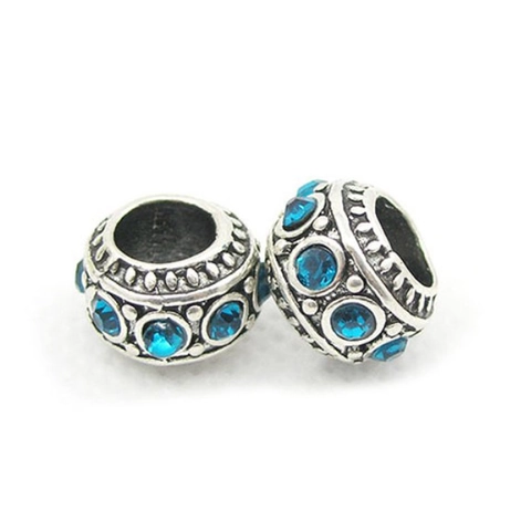 Cuentas de Agujero Grande de Aleación Vintage con Diamantes de Imitación para Pulsera DIY Estilo Pandora Plateadas Dijes