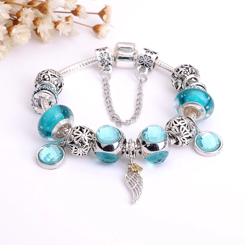 Bracciale da Donna in Lega con Ciondoli di Cristallo Ali Cuore Piuma Perle di Vetro Blu Rosa Viola Catena a Serpente Gioielli