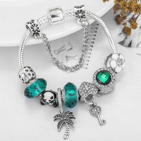 Pulsera de Cuentas Panda de Moda Cocotero Corazón Llave Pulsera de Cadena de Serpiente Regalo de Joyería Para Niños Mujeres Niñas