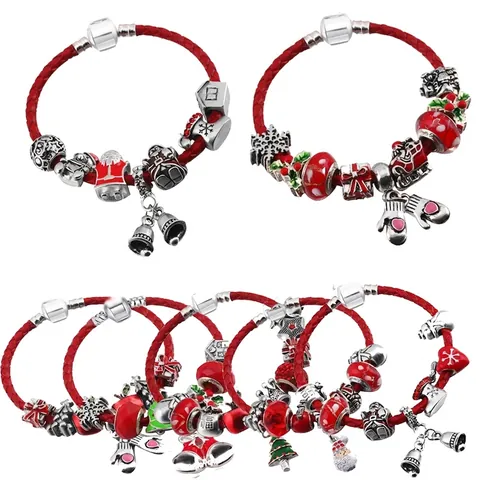 Christmas Red Braided Leather Cord Bracelet For Women Alloy Enamel Santa Claus Snowflake Charms Holiday Jewelry Gift