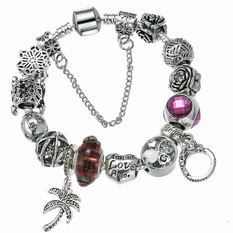 Pulsera De Dijes De Cuentas DIY Para Mujer Aleación Plateada Cadena De Serpiente Con Cristal Artificial Púrpura Rosa Strass Corazón Cocotero Corona Colgante Joyería