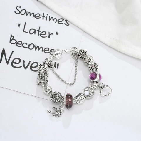 Pulsera De Dijes De Cuentas DIY Para Mujer Aleación Plateada Cadena De Serpiente Con Cristal Artificial Púrpura Rosa Strass Corazón Cocotero Corona Colgante Joyería