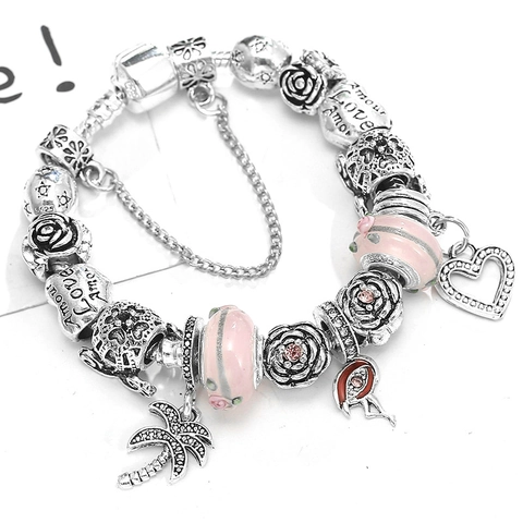 Γυναικείο DIY Βραχιόλι με Χάντρες Στυλ Pandora Κράμα Ροζ Χάντρες Lampwork Φλαμίνγκο Κοκοφοίνικας Καρδιά Μενταγιόν Κόσμημα
