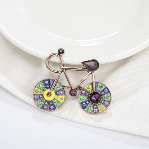 Vintage Alloy Bicycle Brooch With Purple Rhinestone And Multicolor Enamel Antique Gold Finish Retro Bike Breastpin For Women