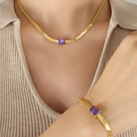 Necklace And Bracelet Titanium Steel 18K Gold Plated Rectangle Zircon Herringbone Chain Vintage Chic Jewelry For Women