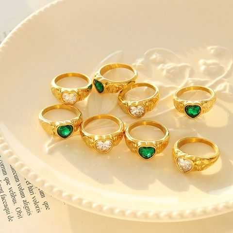 French Heart Shaped Rhinestone Titanium Steel Ring For Women Vintage Gold Silver Color Green Clear Aesthetic Fashion Jewelry Finger Ring