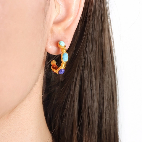 Gioielli Scarabeo Vintage Acciaio Inossidabile Placcato Oro 18K Anello Intarsiato Resina Orecchini a Cerchio C Donna