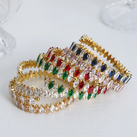 French Luxury Titanium Steel Bangle Marquise Cut Colorful Zirconia Open Bracelet High End Niche Design Jewelry For Women