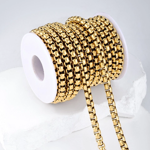 Cadena de Caja de Acero Inoxidable Chapada en Oro de 18K Cadena de Perlas Cuadradas Redondas para Creación de Joyas DIY Accesorios