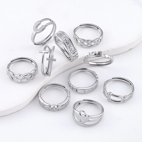 Stainless Steel Adjustable Open Rings For Women Vintage Heart Lock Cross Love Letter Rhinestone Fashion Jewelry Finger Ring