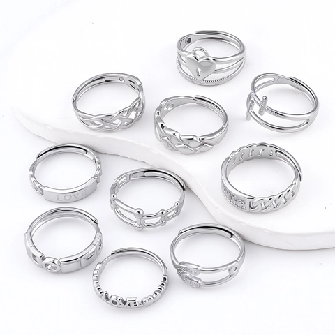 Stainless Steel Adjustable Open Rings For Women Vintage Heart Lock Cross Love Letter Rhinestone Fashion Jewelry Finger Ring