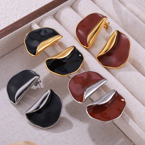 Irregular Crescent Moon Stud Earrings Titanium Steel Enamel Oil Drop Earrings 18k Gold Plated Personalized Exaggerated Women Jewelry