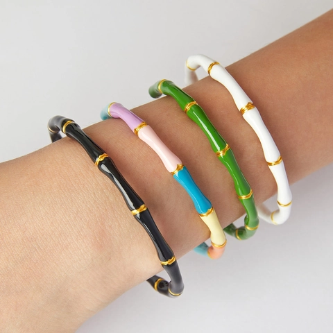 Retro Luxurious Titanium Steel Bamboo Joint Open Bangle For Women Irregular Design Gold Plated Enamel Drip Oil Fashion Jewelry Hand Cuff