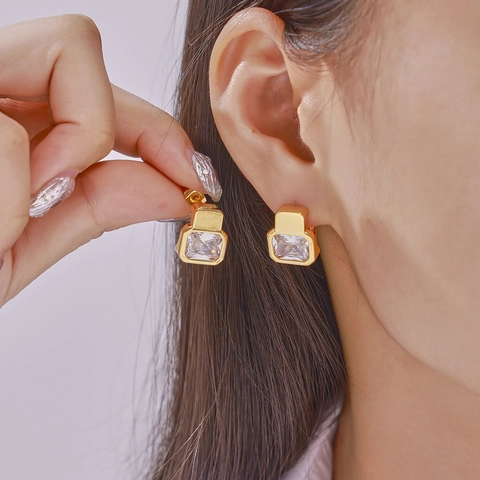 Geometric Square Stud Earrings Copper With Rectangular Czech Diamond Minimalist Fashion Jewelry For Women Chic Style