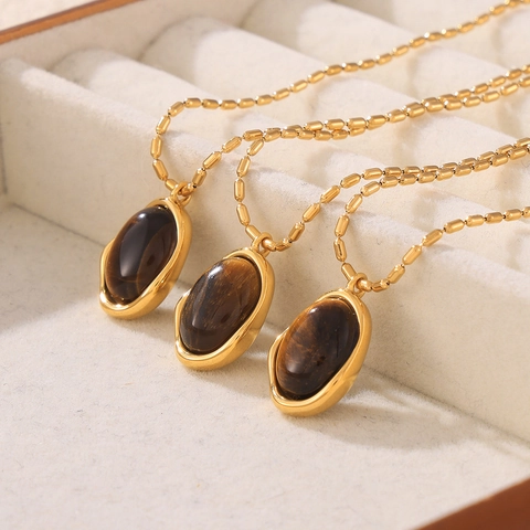 French Vintage 18K Gold Plated Titanium Steel Tiger Eye Pendant Necklace For Women Elegant Oval Geometric Double Layer Jewelry