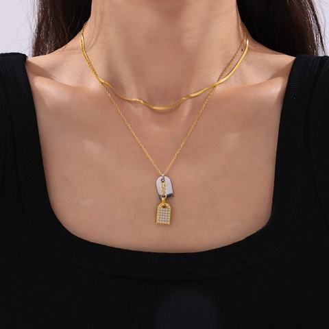 Collar con Colgante Doble de Acero Inoxidable para Mujer Chapado en Oro de 18K Zirconia Rectangular Paris Tag Joyería