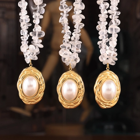 French Vintage Titanium Steel Oval Faux Artificial Pearl Pendant Necklace With Clear Crystal Chips Chain Gold Plated Bohemian Jewelry Women