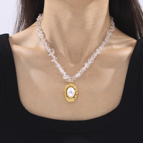 French Vintage Titanium Steel Oval Faux Artificial Pearl Pendant Necklace With Clear Crystal Chips Chain Gold Plated Bohemian Jewelry Women