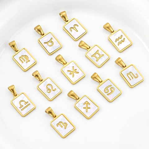 Stainless Steel 18K Gold Plated Rectangular Zodiac Sign Alphabet Pendants With Artificial Pearl Inlay DIY Jewelry Making Accessories For Women Men