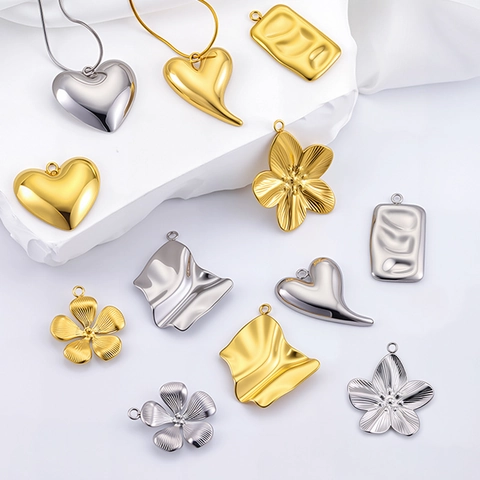 Stainless Steel Irregular Wrinkled Heart Flower Square Pendants Mirror Polished DIY Jewelry Accessories For Necklace Earrings Gold Silver Metal Charms