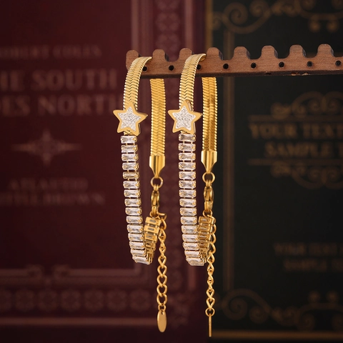 French Luxury Gold Plated Stainless Steel Star Zirconia Bracelet For Women Vintage Snake Chain Geometric Jewelry Hand Decor