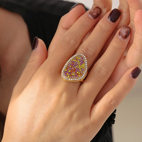 Anillo de Gota de Acero de Titanio Con Diamantes de Imitación de Colores PVD Oro de 18K Banda de Cuerda Joyería para Mujer