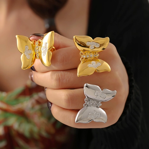 Stainless Steel Butterfly Rhinestone Ring For Women PVD Gold Plated Exaggerated Statement Fashion Jewelry Finger Ring